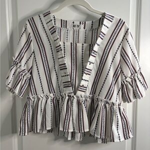 Striped Ruffle Hem Top - White, Black and Red